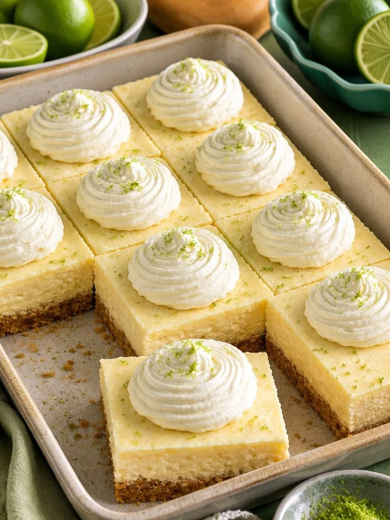 Key Lime Cheesecake Bars garnished with lime zest and whipped cream