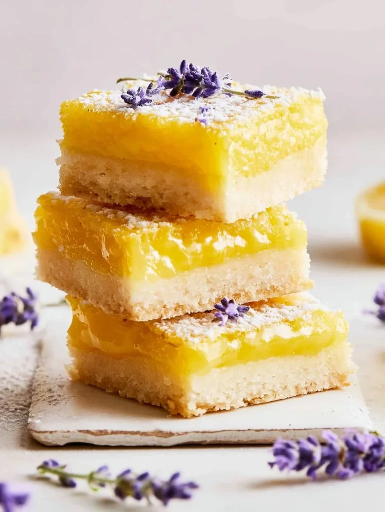 Delicious homemade lemon bars dusted with powdered sugar on a wooden table