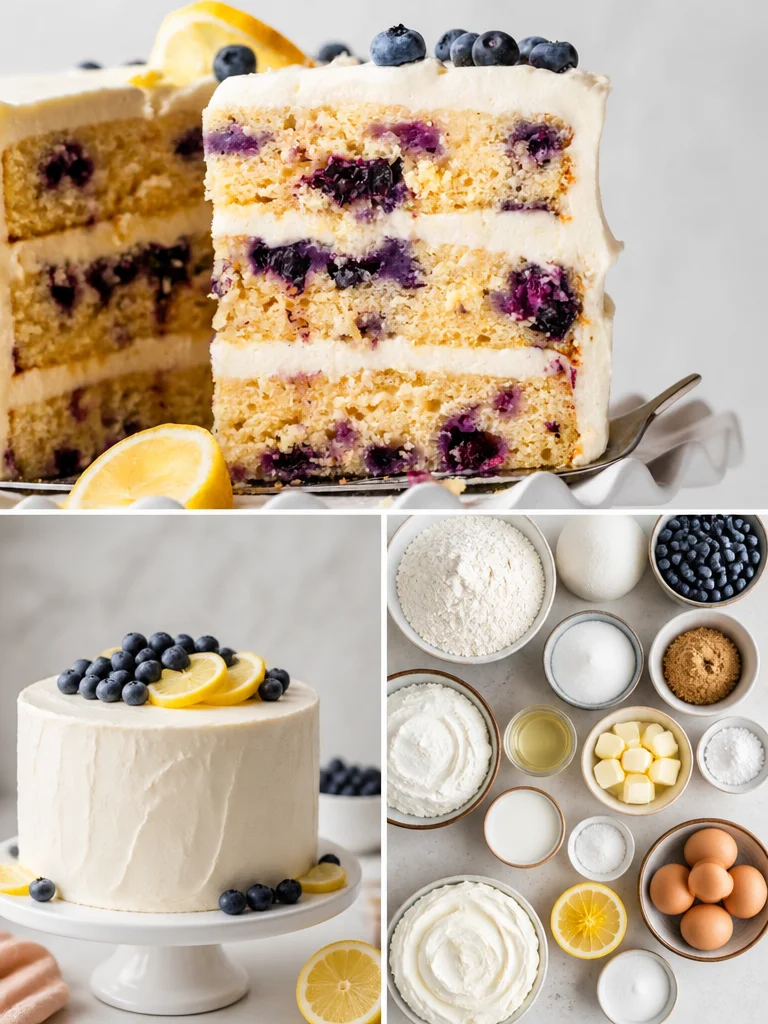 Delicious Lemon Blueberry Layer Cake with fresh blueberries and lemon frosting