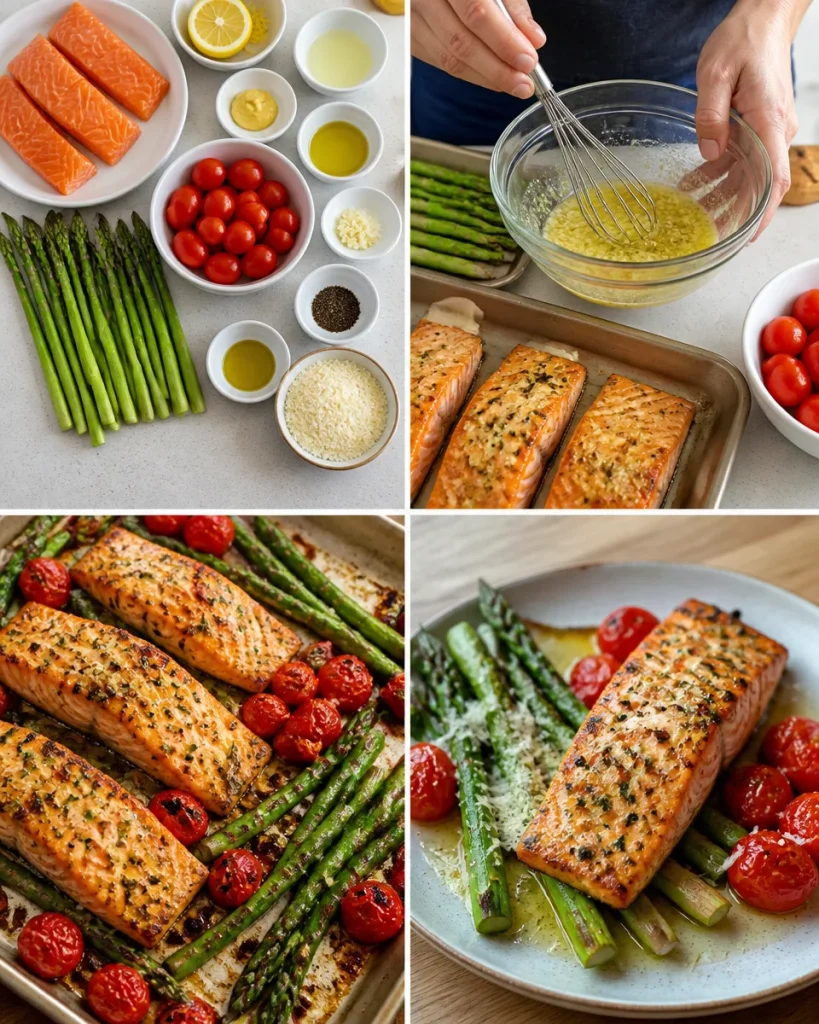 Lemon garlic salmon tray bake served with vegetables on a baking tray