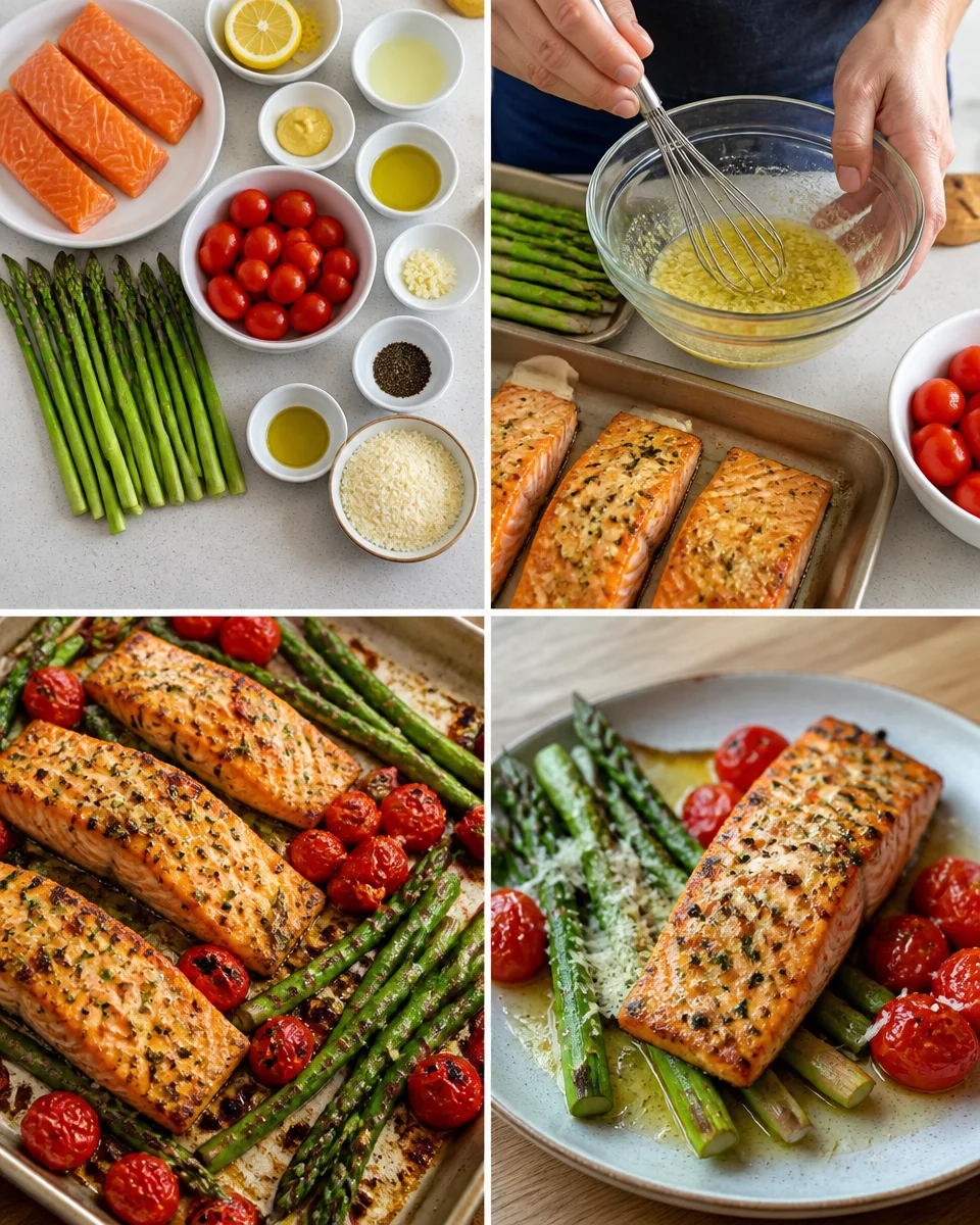 Lemon garlic salmon tray bake - easy & healthy! Lemon garlic salmon tray bake served with vegetables on a baking tray