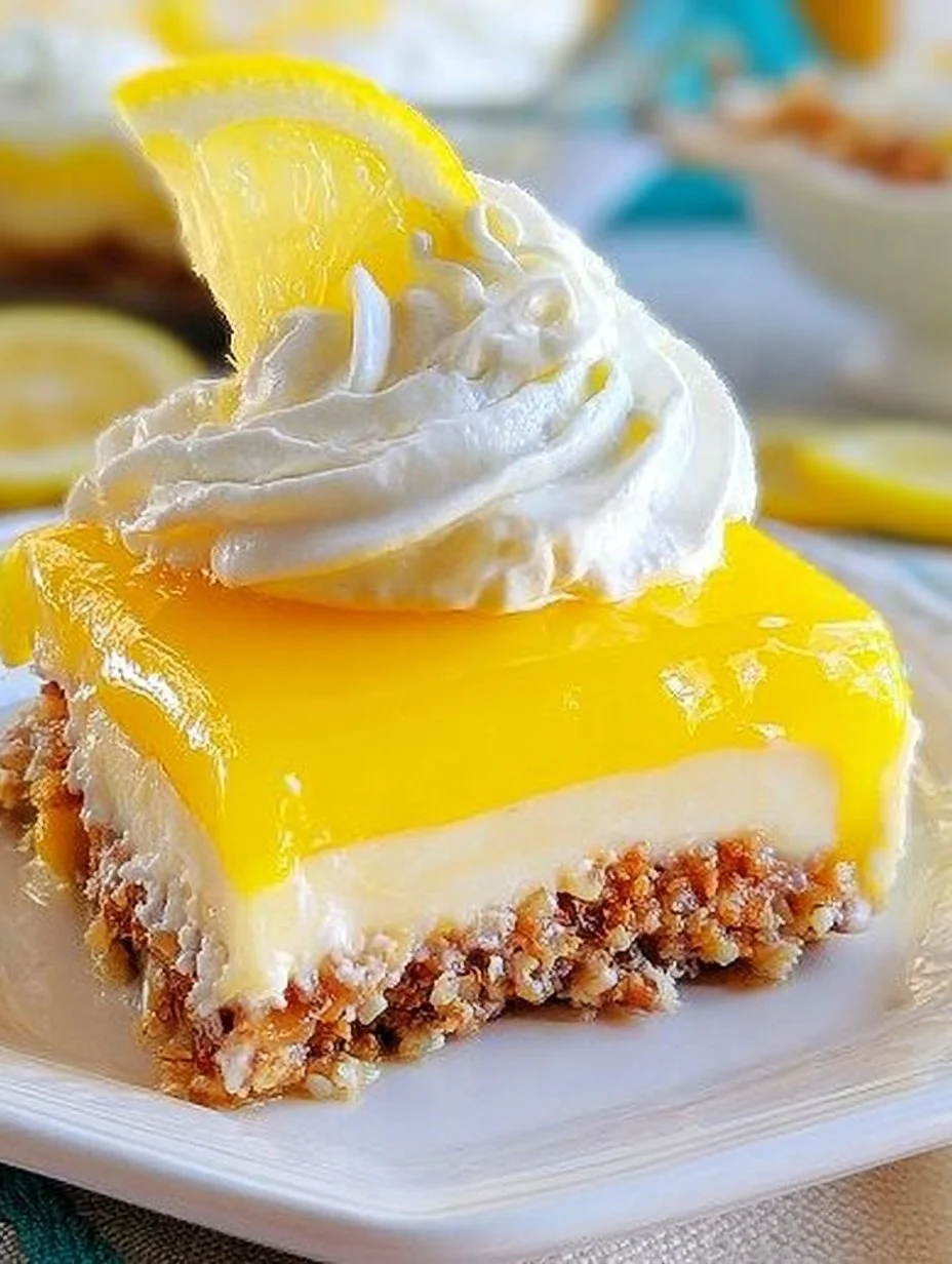 Delicious Lemon Lush Pretzel Salad dessert with a creamy lemon layer.