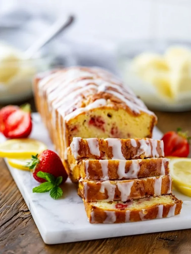 A slice of Lemon Strawberry Pound Cake garnished with fresh strawberries and lemon zest.