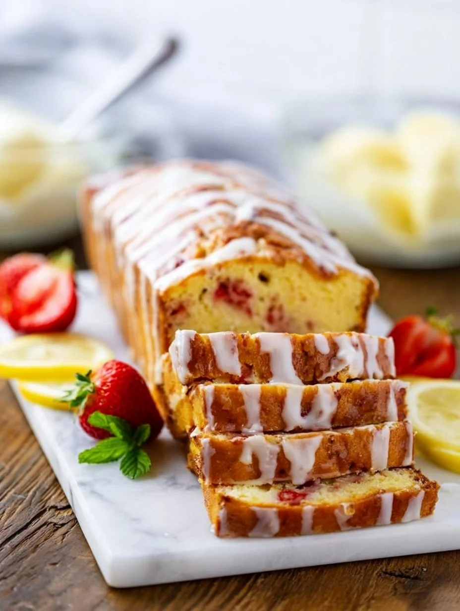 A slice of Lemon Strawberry Pound Cake garnished with fresh strawberries and lemon zest.