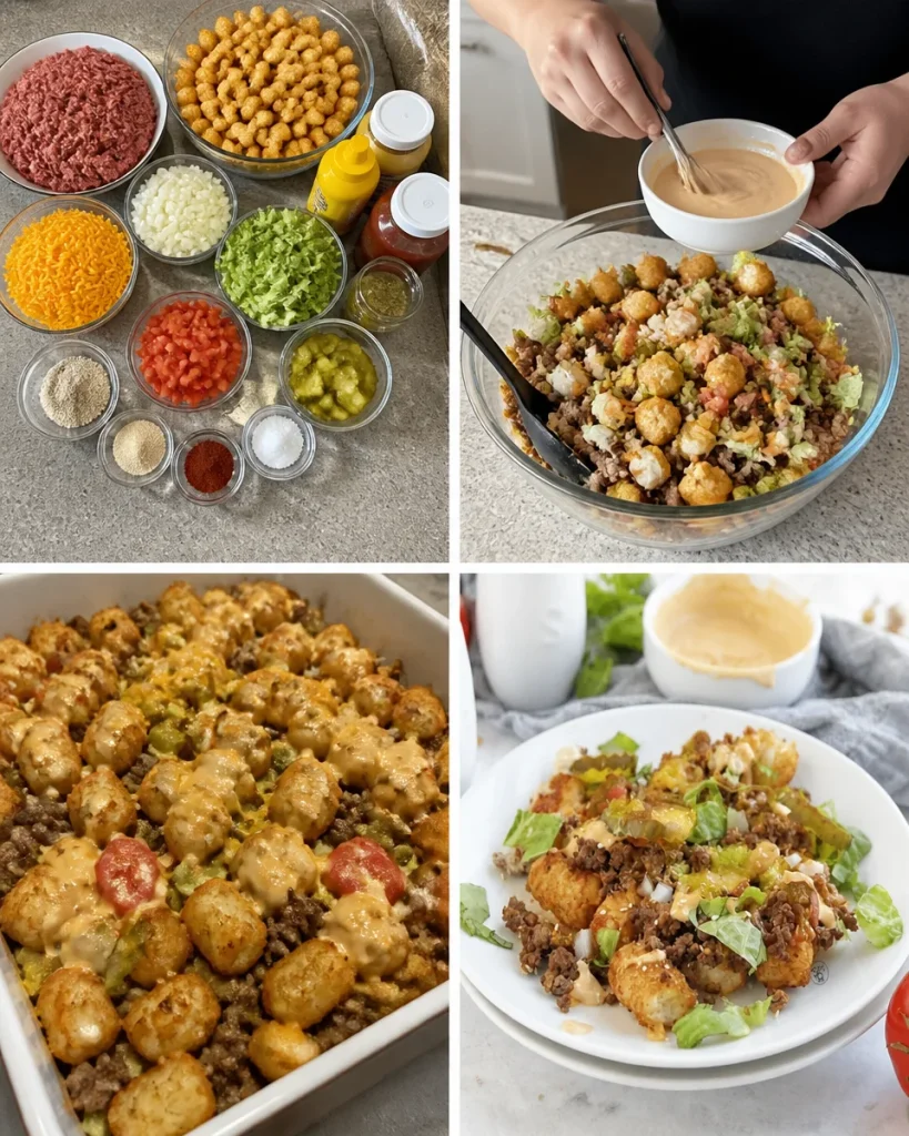 Loaded cheeseburger tater tots topped with cheese, beef, and pickles for a delicious snack.
