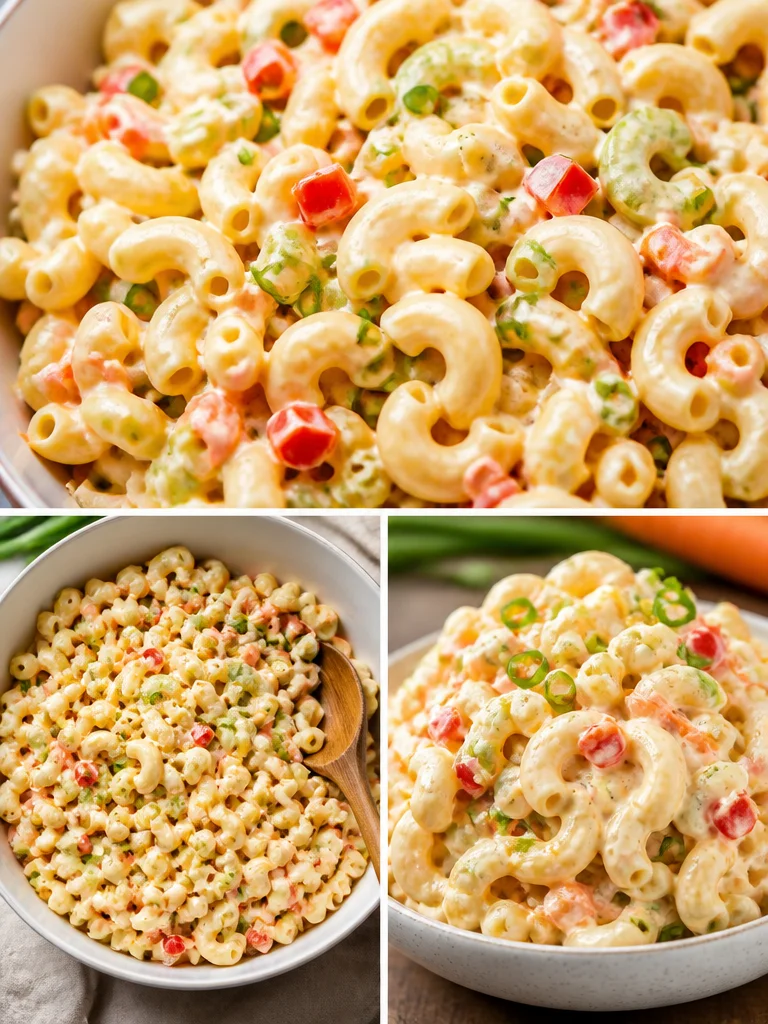 A bowl of colorful macaroni salad with vegetables and dressing