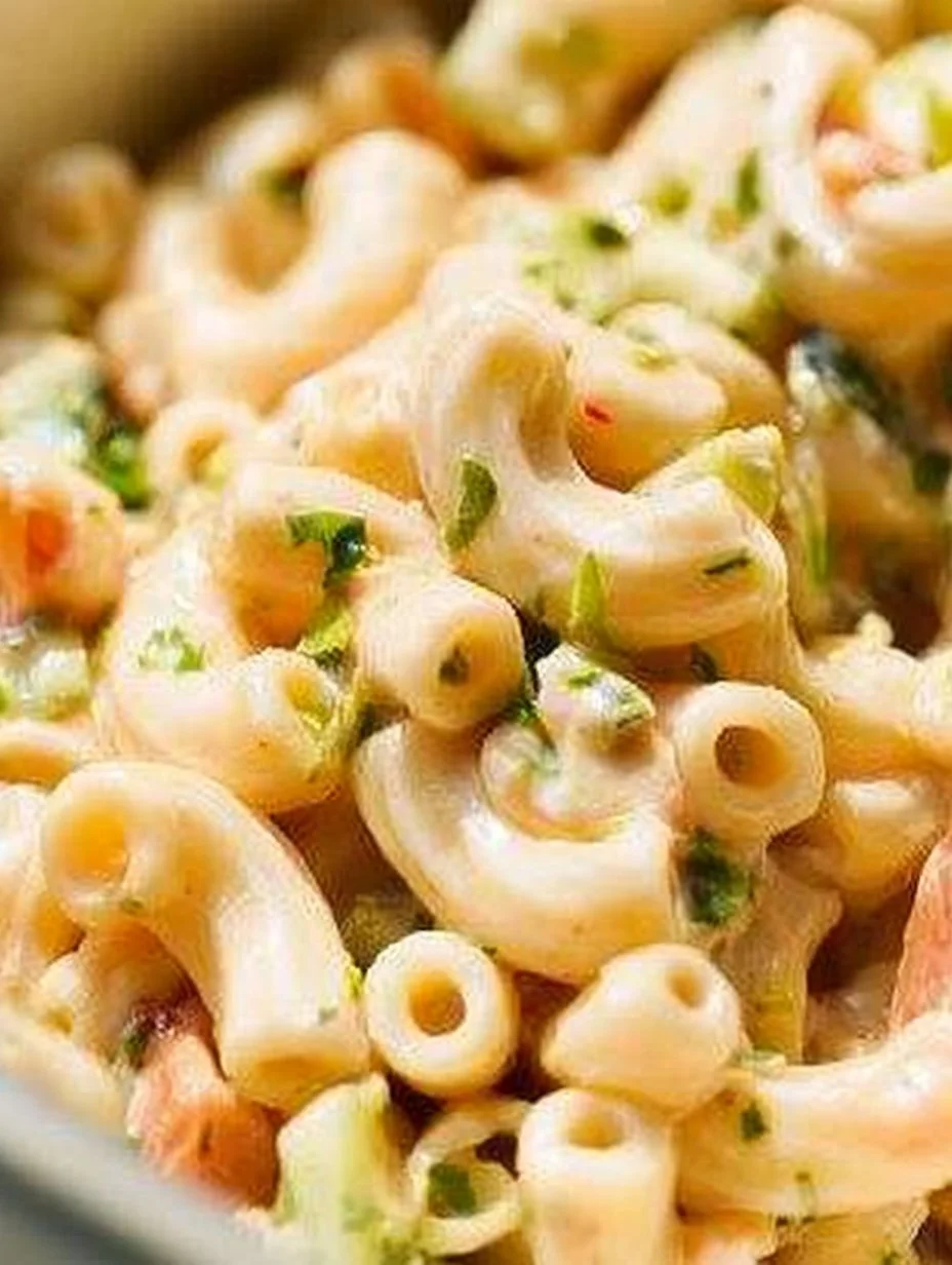 Delicious bowl of fresh macaroni salad with vegetables, perfect for summer events.