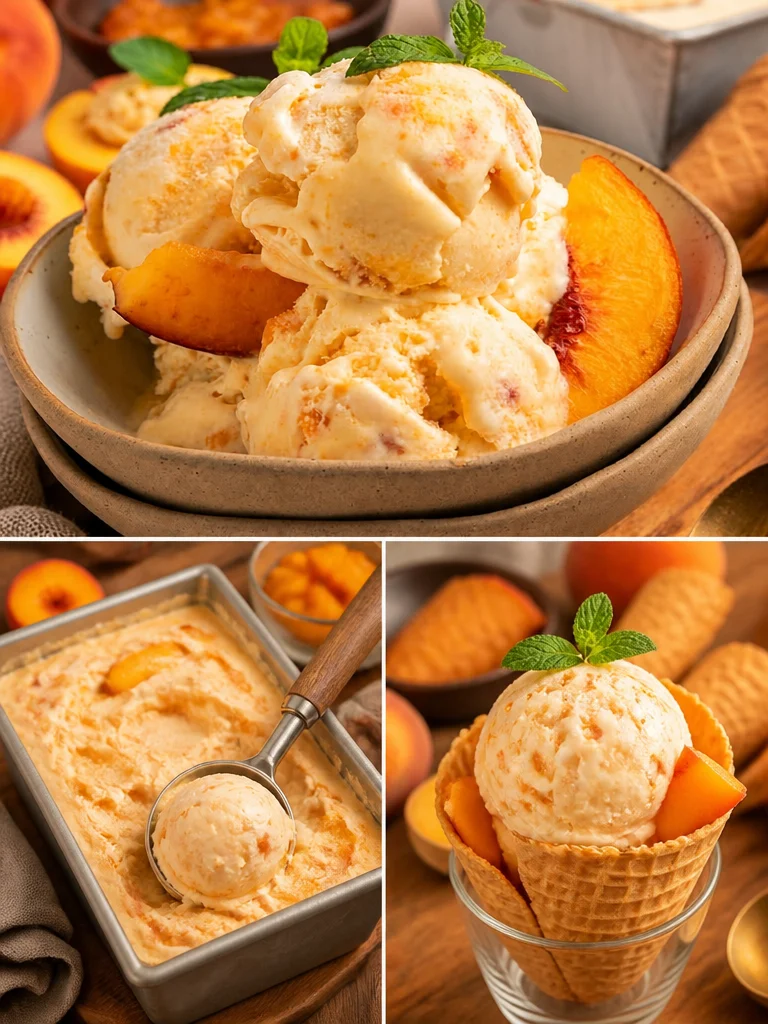Bowl of no-churn peaches and cream ice cream topped with fresh peach slices