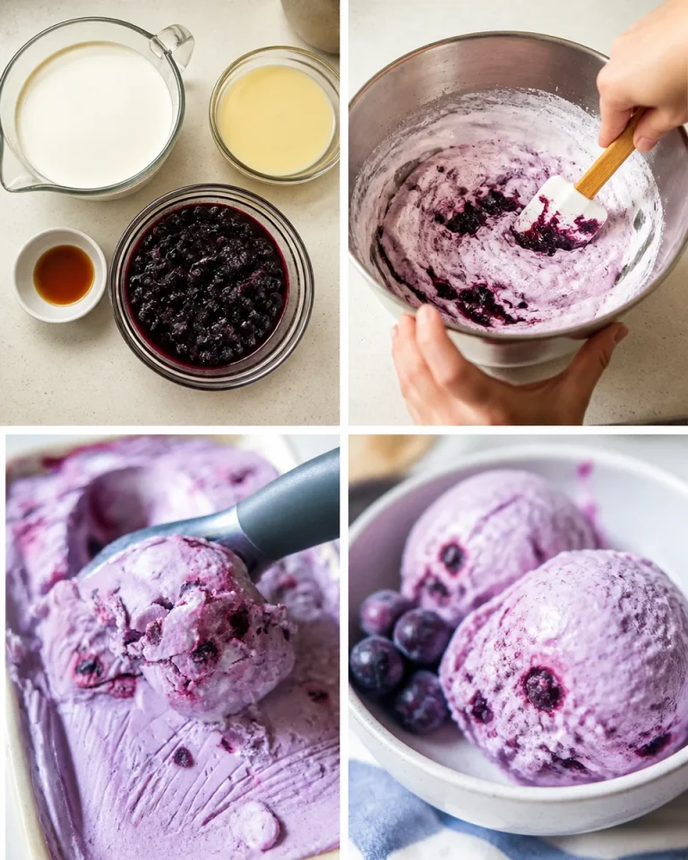 Delicious no-churn roasted blueberry ice cream topped with fresh blueberries