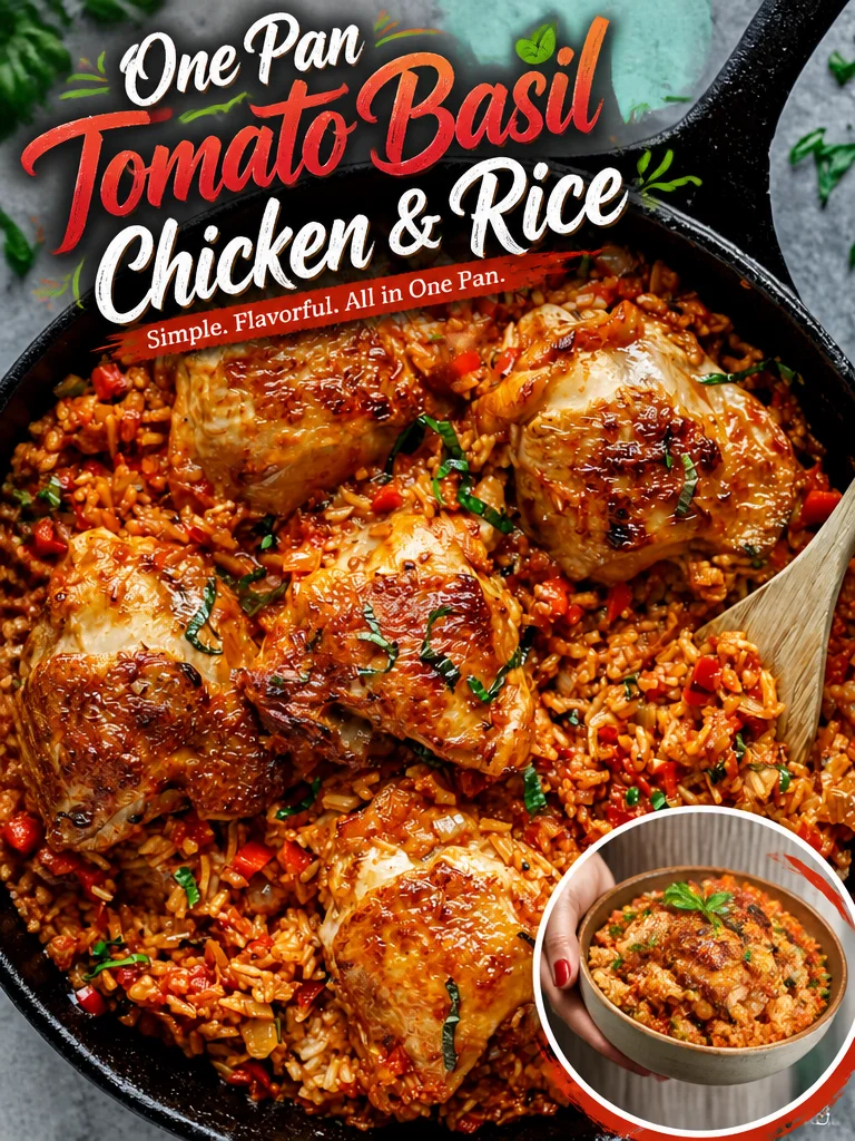 One Pan Tomato Basil Chicken served with rice and fresh basil leaves
