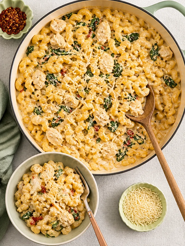 One-Pan Tuscan Chicken Pasta with vibrant vegetables and creamy sauce