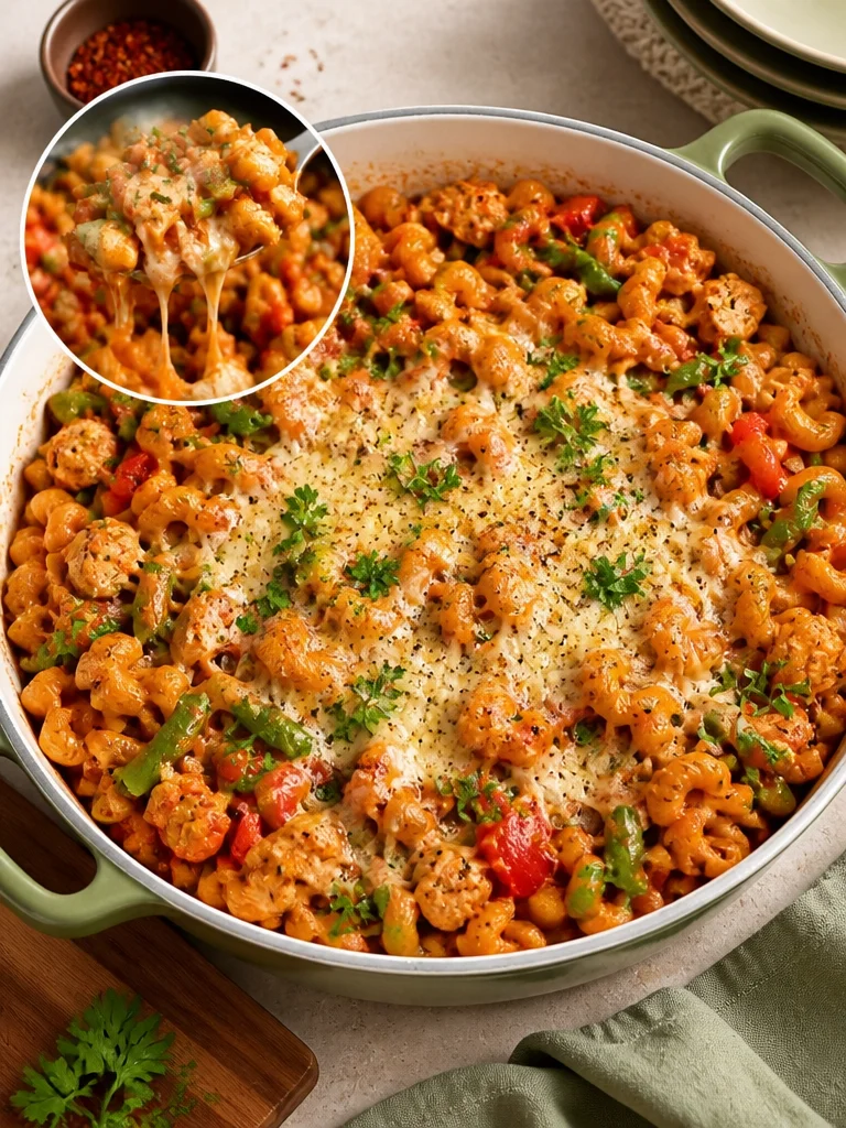 Delicious One Pot Chicken Pasta garnished with herbs and served in a bowl.