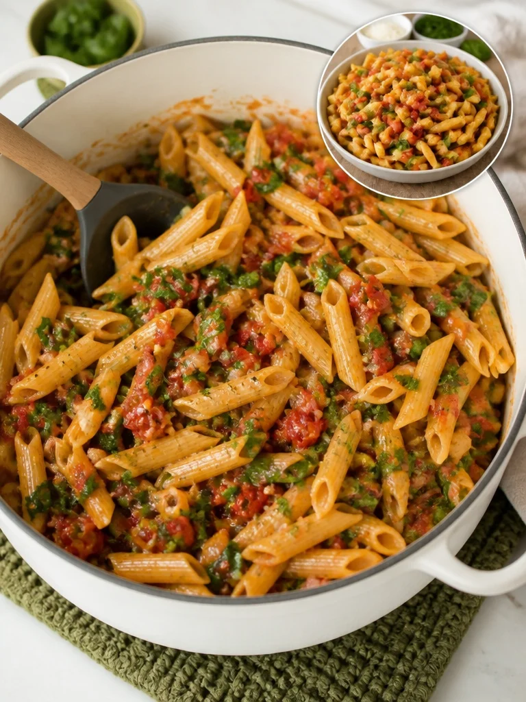 Delicious One Pot Pasta with Tomato Basil ingredients in a pan