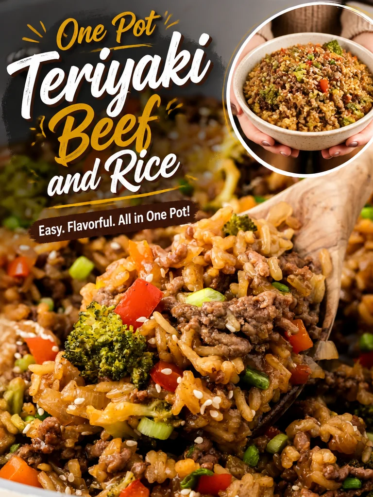 One Pot Teriyaki Beef and Rice with vegetables in a skillet