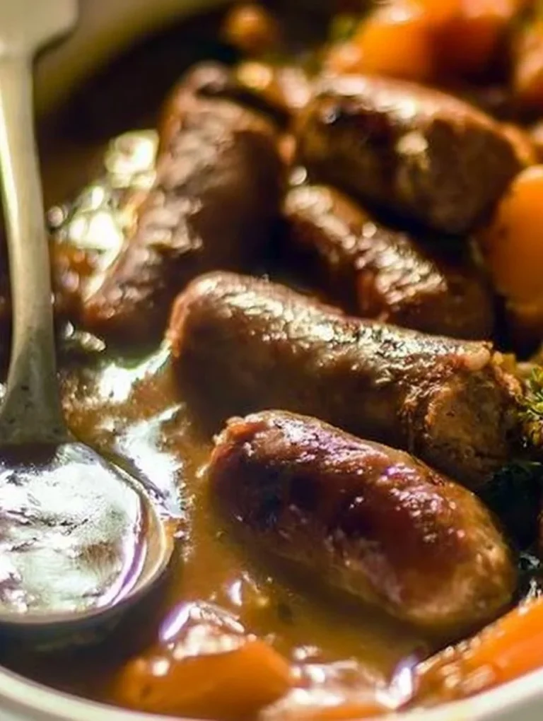 Oven Baked Sausages with Potatoes, Vegetable AND Gravy! Oven baked sausages served with potatoes, vegetables, and gravy on a plate.