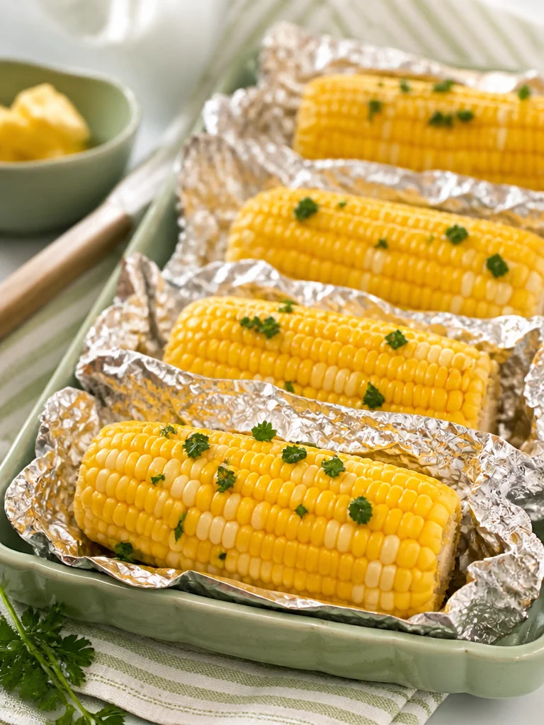 Oven Roasted Corn on the Cob Oven roasted corn on the cob with butter and seasonings on a plate