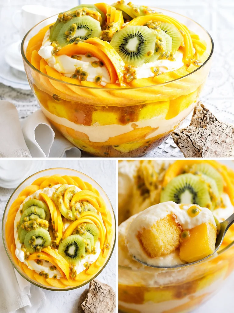 Delicious Passionfruit Mango Trifle with layers of fruit and cream