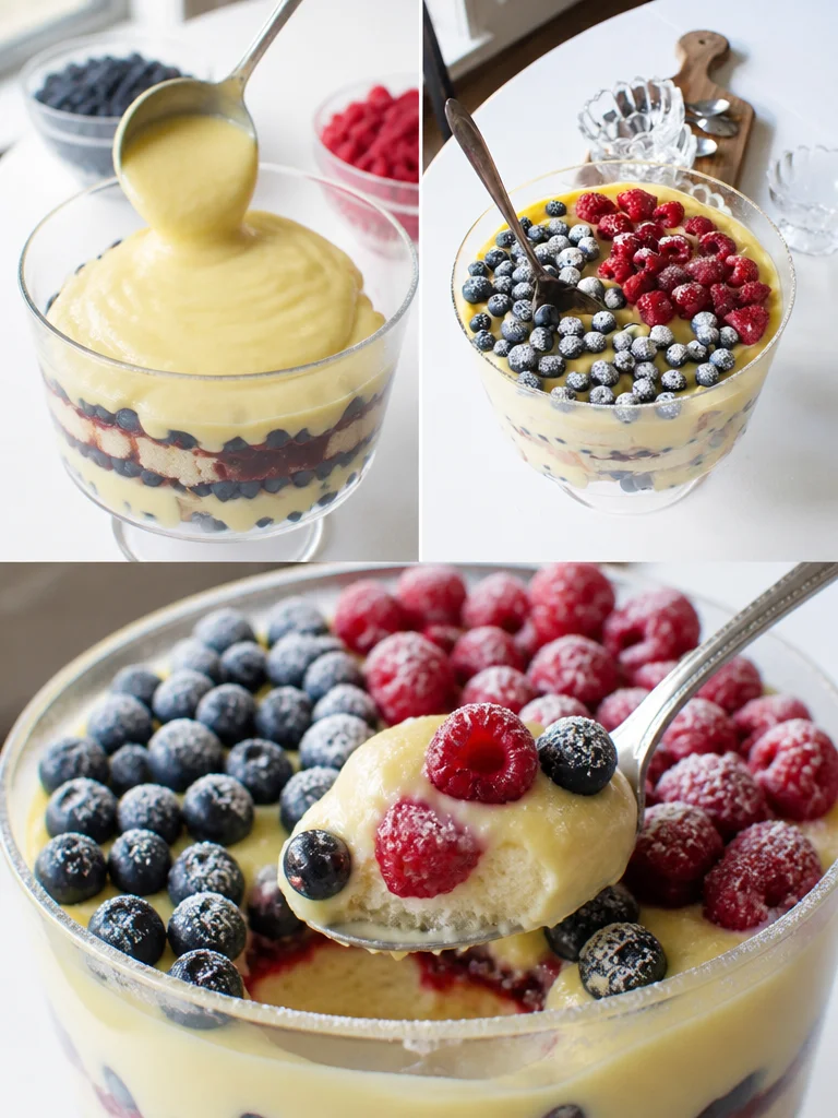 Delicious Patriotic Trifle with layers of berries and cream for festive celebrations