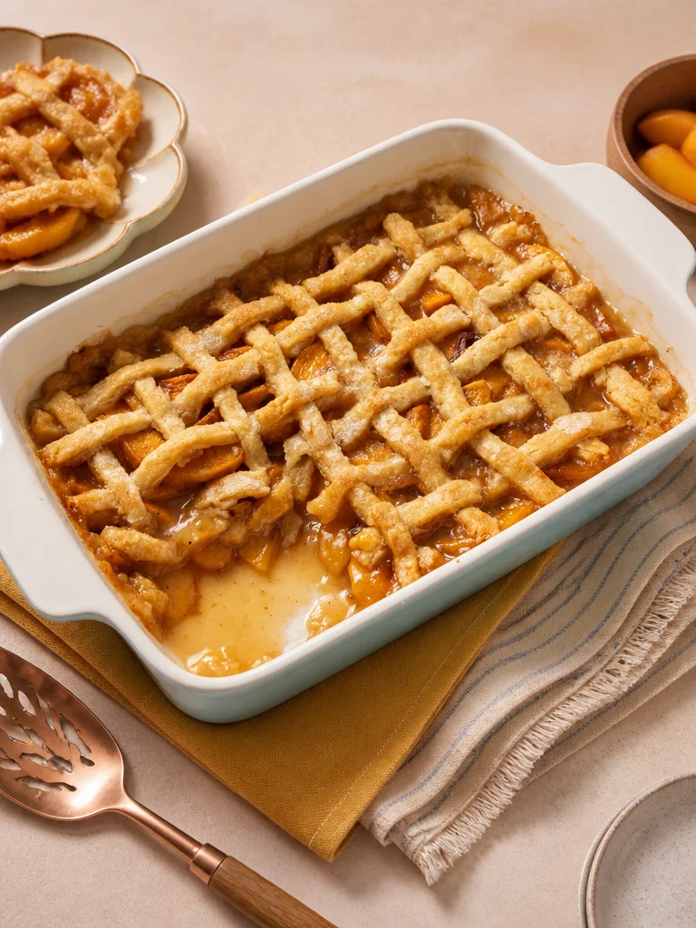Peach Cobbler in the Old-Fashioned Style A slice of traditional old-fashioned peach cobbler with a golden-brown crust.