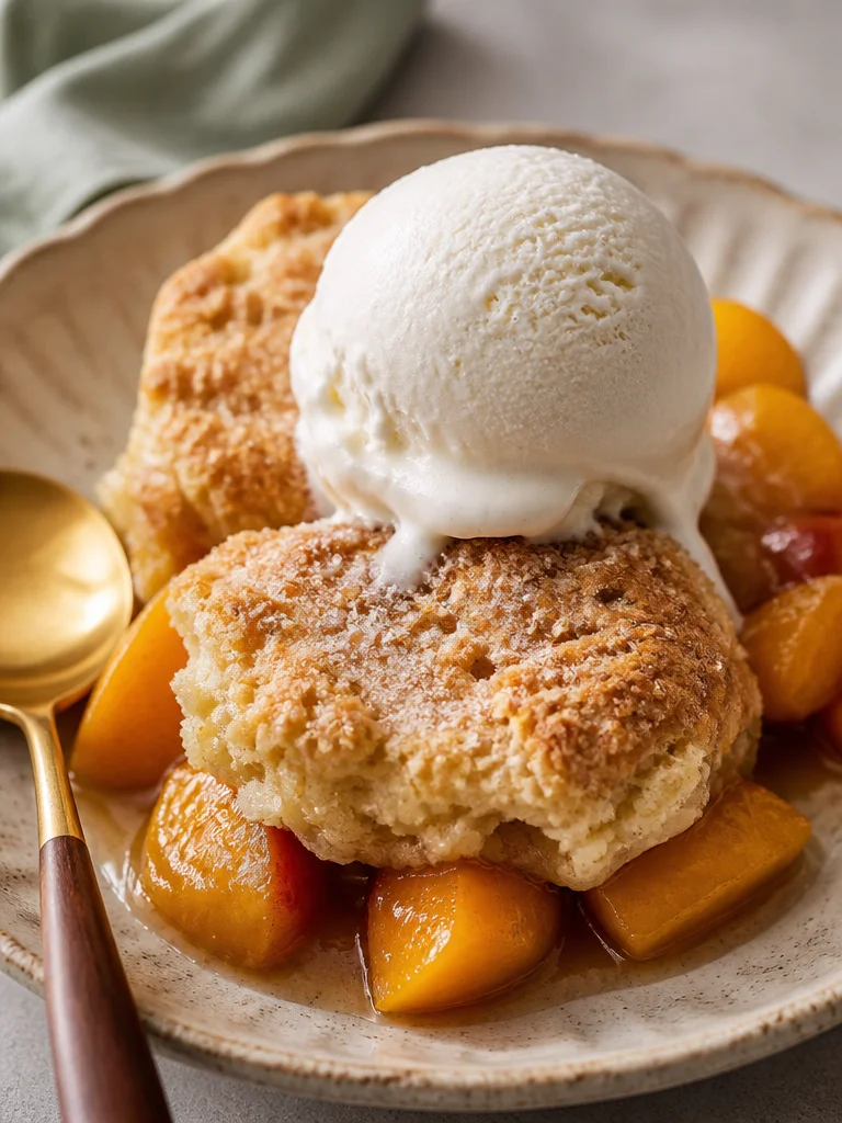 Peach Cobbler with Sourdough Crust Delicious Peach Cobbler with Sourdough Crust served warm.