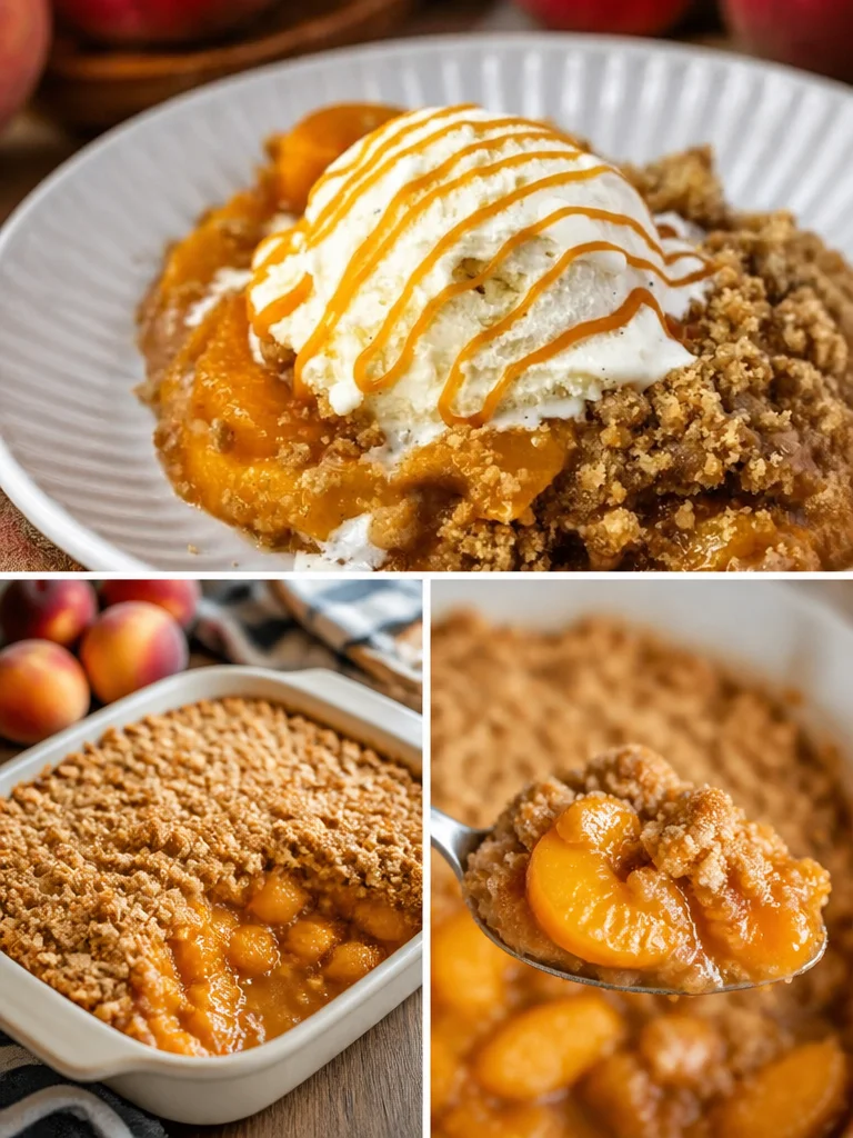 Delicious homemade peach crisp with a golden, crunchy topping
