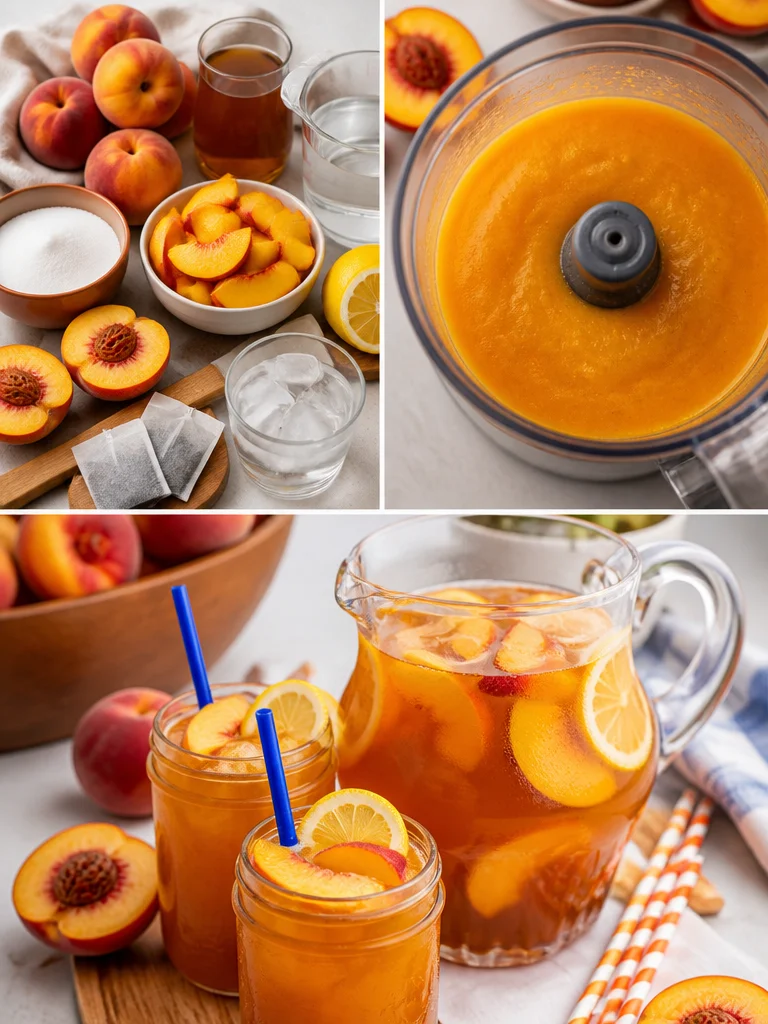 Peach Sweet Tea Cool and refreshing peach sweet tea served in a glass with a slice of peach