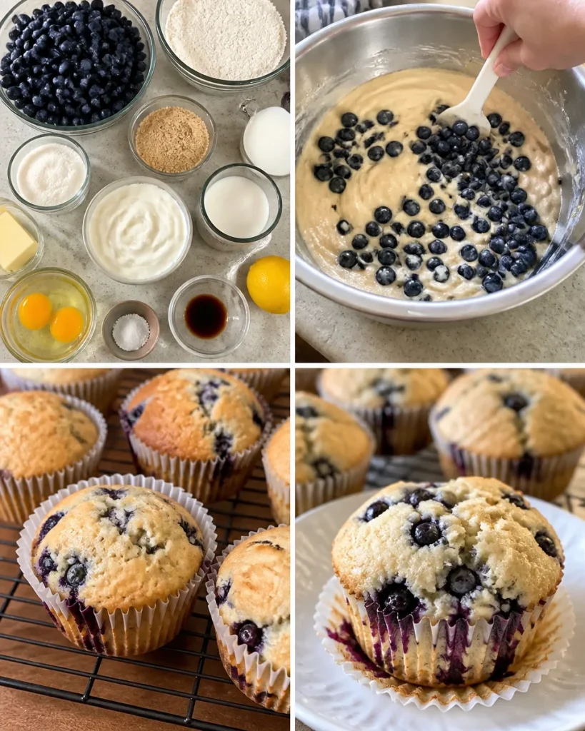 Freshly baked blueberry muffins on a wooden table in natural lighting