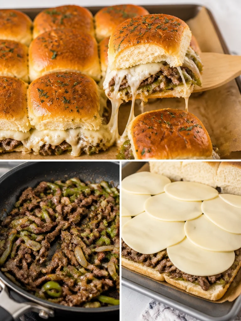 Philly Cheesesteak Sliders Philly cheesesteak sliders served on a plate with toppings