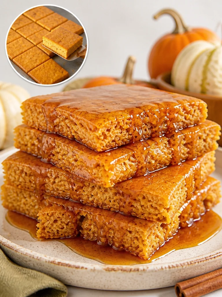 Delicious pumpkin sheet pan pancakes served with maple syrup