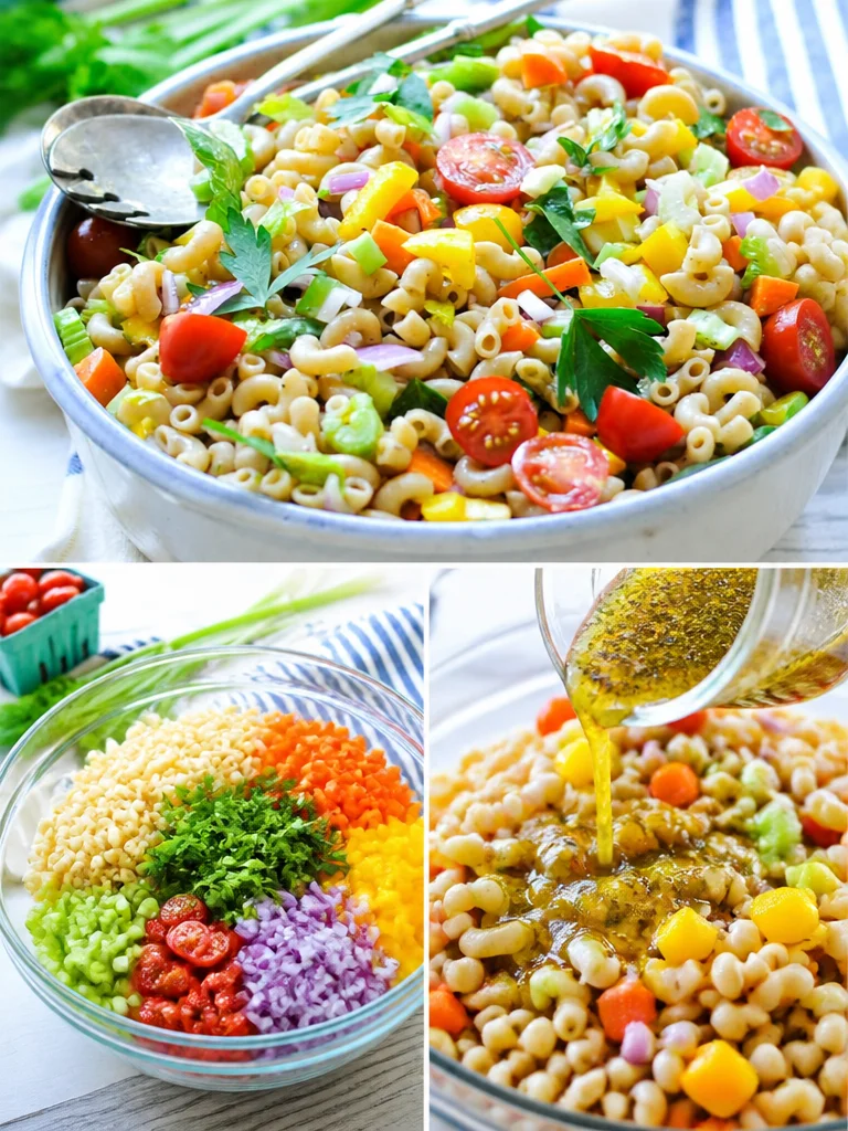 Easy no mayo macaroni salad with colorful veggies and dressing.