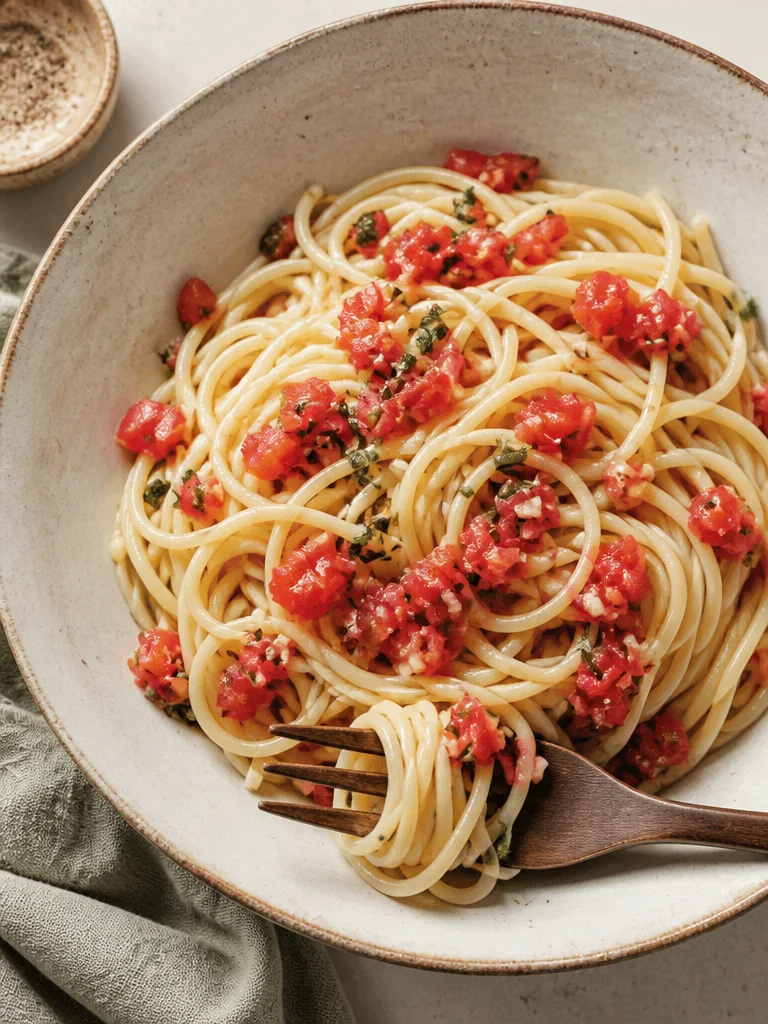 Quick Uncooked Tomato Sauce with Spaghettini Plate of spaghettini topped with quick uncooked tomato sauce