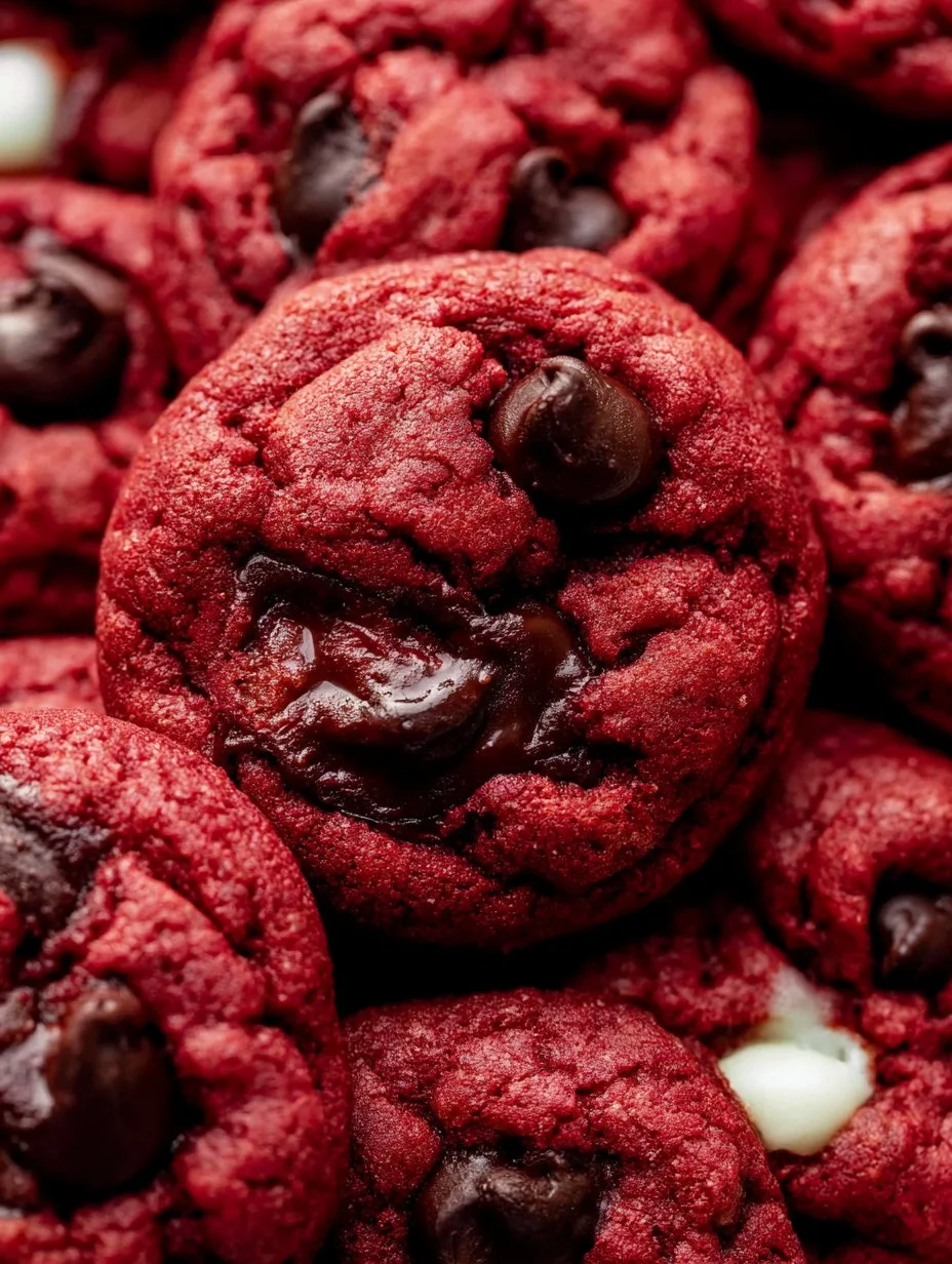 Red Velvet Chocolate Chip Cookies Delicious red velvet chocolate chip cookies on a cooling rack
