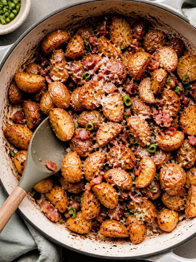 Roasted potatoes with bacon and melted cheese served on a plate