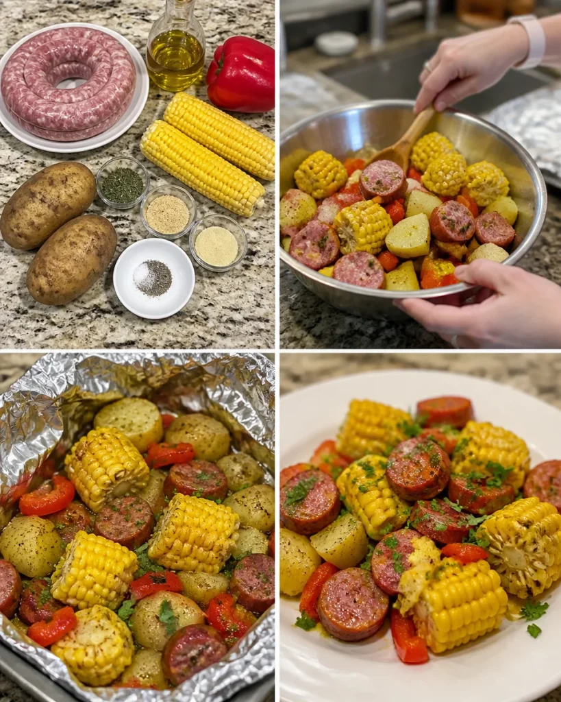 Sausage foil packets with corn ready to cook on the grill