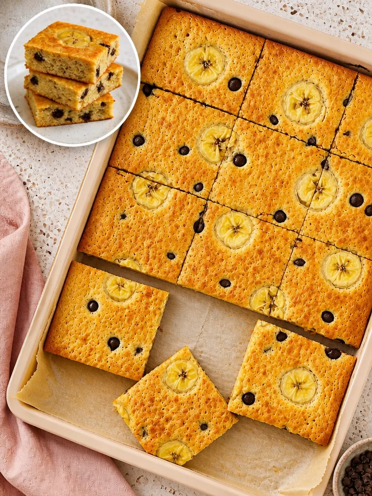 A tray of fluffy sheet pan pancakes served with syrup and berries
