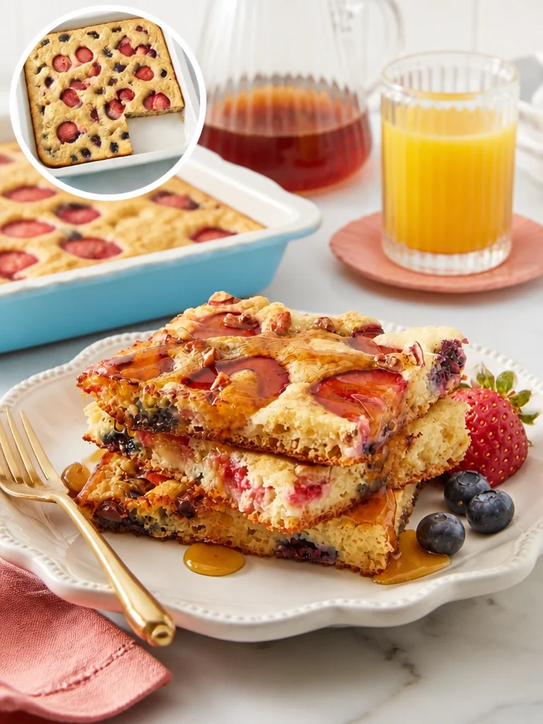 Deliciously fluffy sheet pan pancakes served with syrup on a breakfast table.