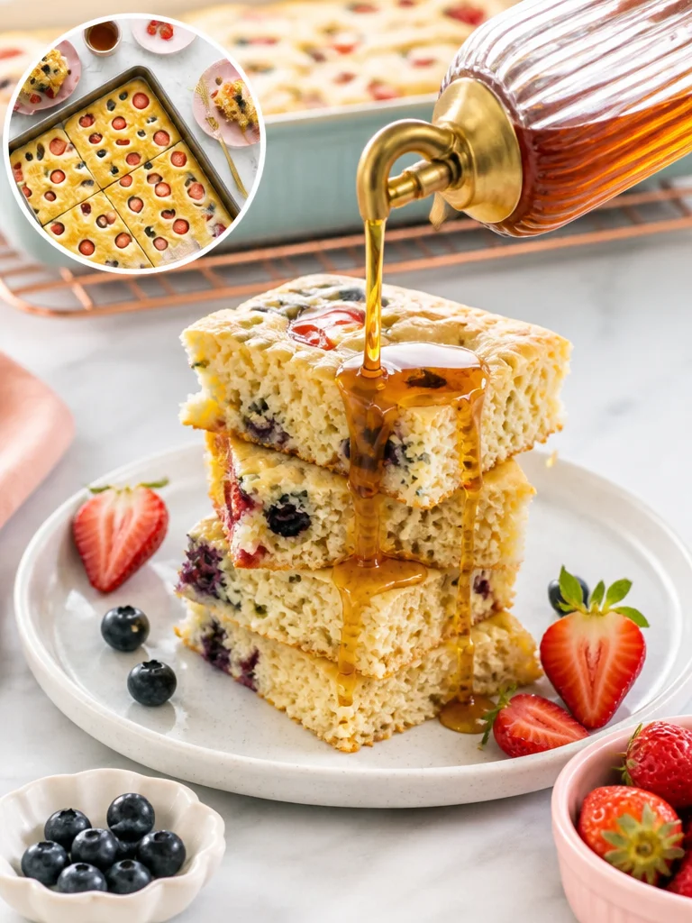 Sheet Pan Pancakes baked in a large pan, perfect for serving a crowd.