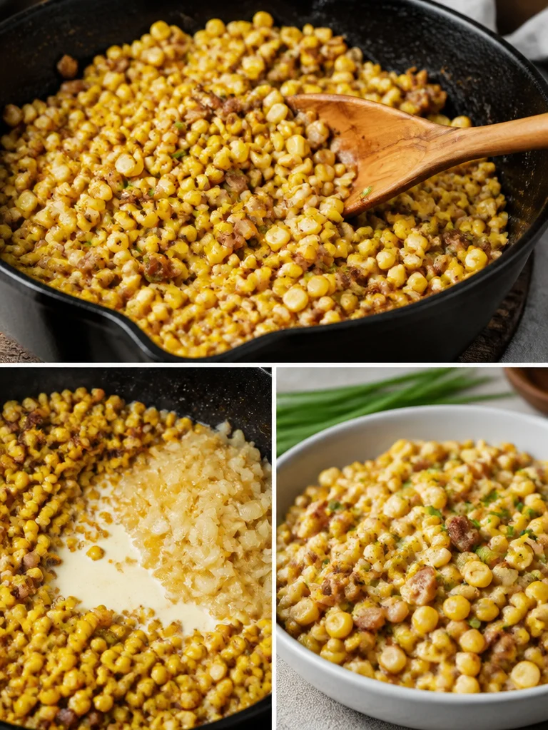 Skillet charred corn with bacon and cream in a frying pan