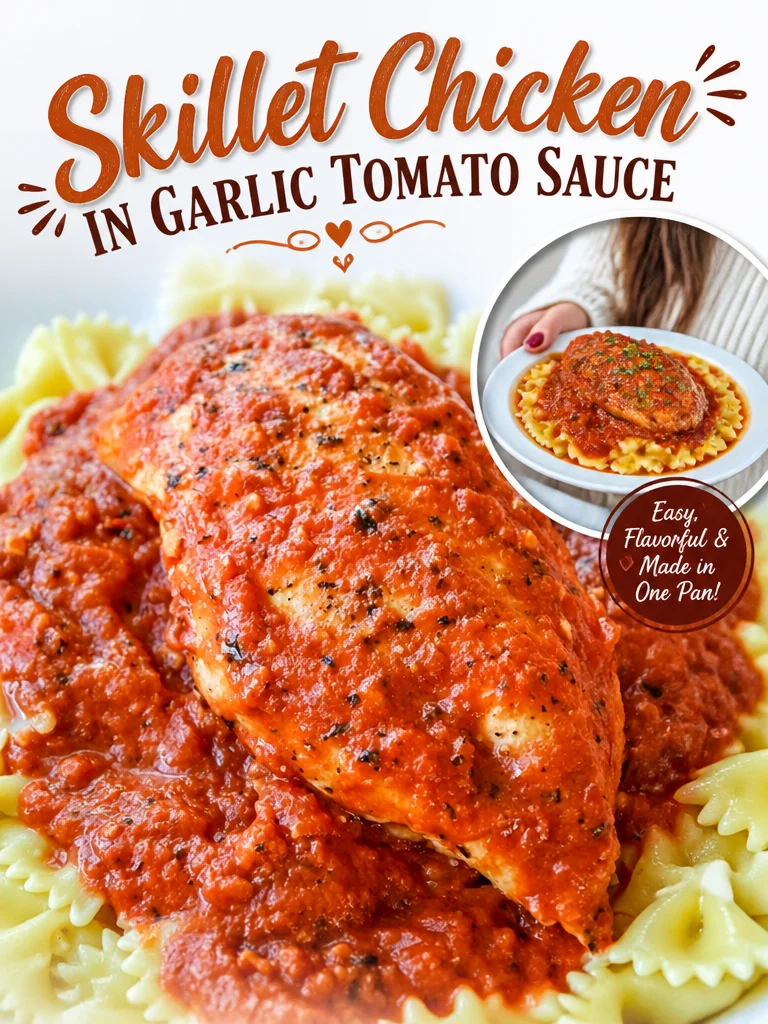 Skillet chicken in garlic tomato sauce served with fresh herbs