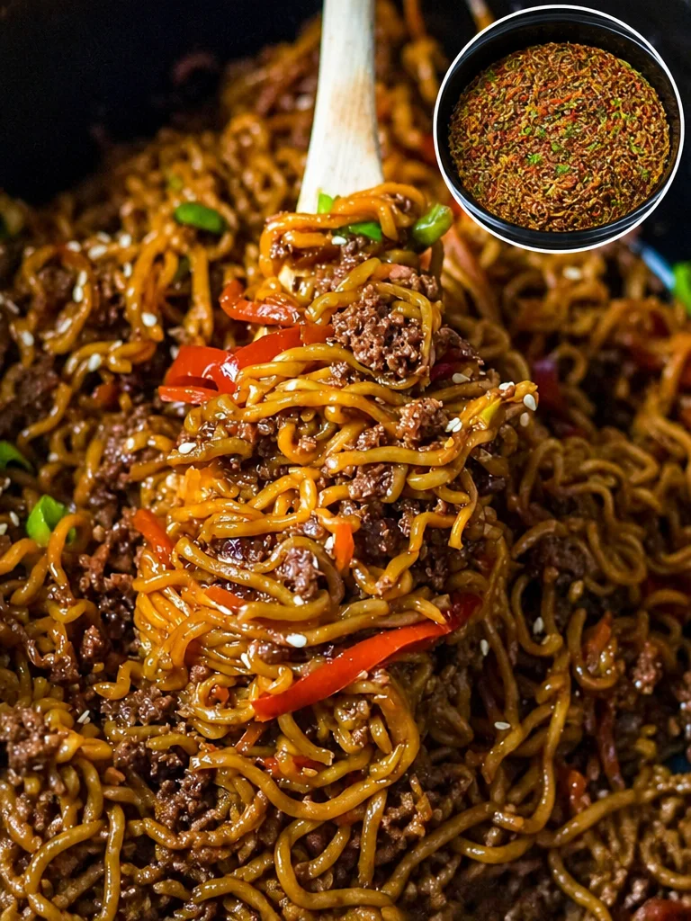 Slow Cooker Beef Ramen Noodles Bowl of slow cooker beef ramen noodles topped with fresh herbs and vegetables