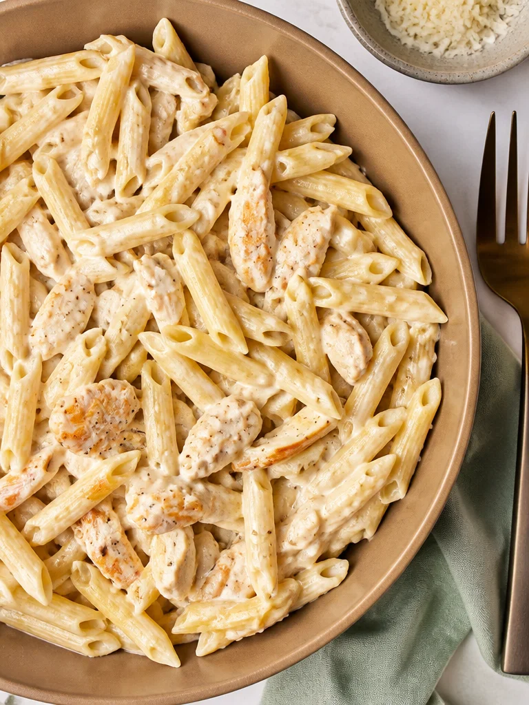 Slow-Cooker Chicken Alfredo Creamy slow-cooker chicken alfredo served in a bowl with garnish