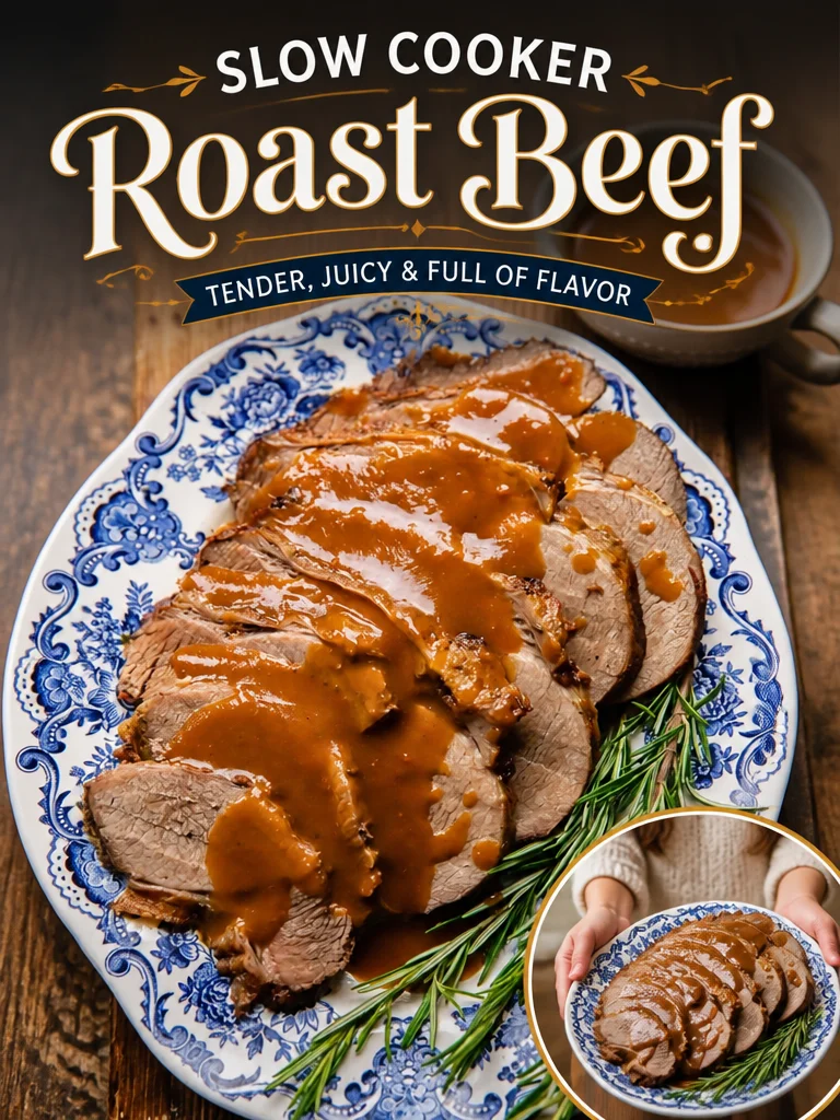 Delicious slow cooker roast beef served with vegetables on a plate