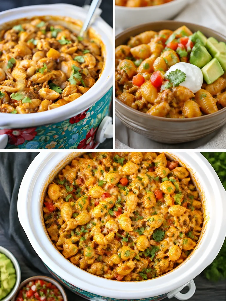 Delicious slow cooker taco pasta served in a bowl, topped with cheese and cilantro.