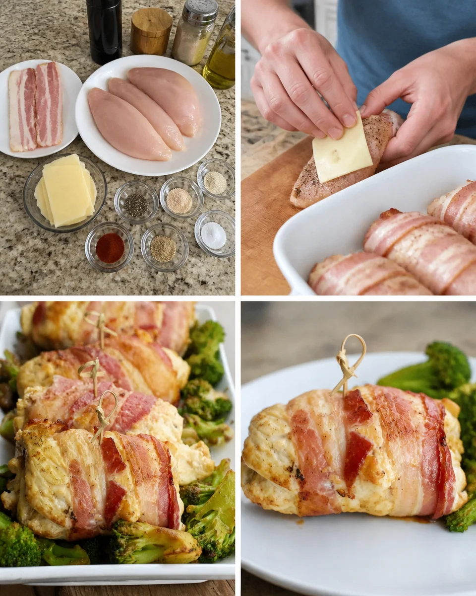 Smoked Bacon Wrapped Swiss Stuffed Chicken Breasts Smoked bacon wrapped Swiss stuffed chicken breasts on a plate
