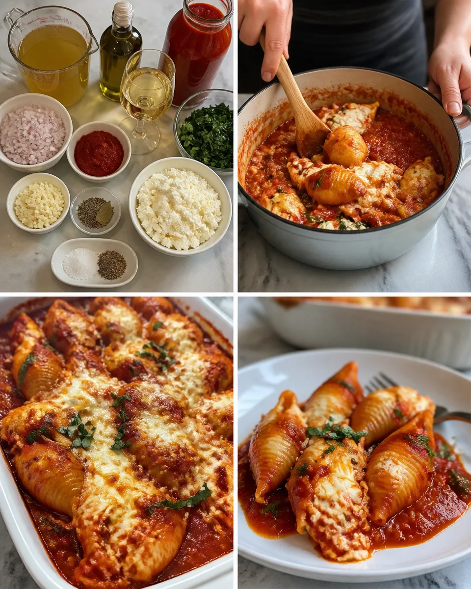 Plate of spinach ricotta stuffed shells topped with marinara sauce and cheese.