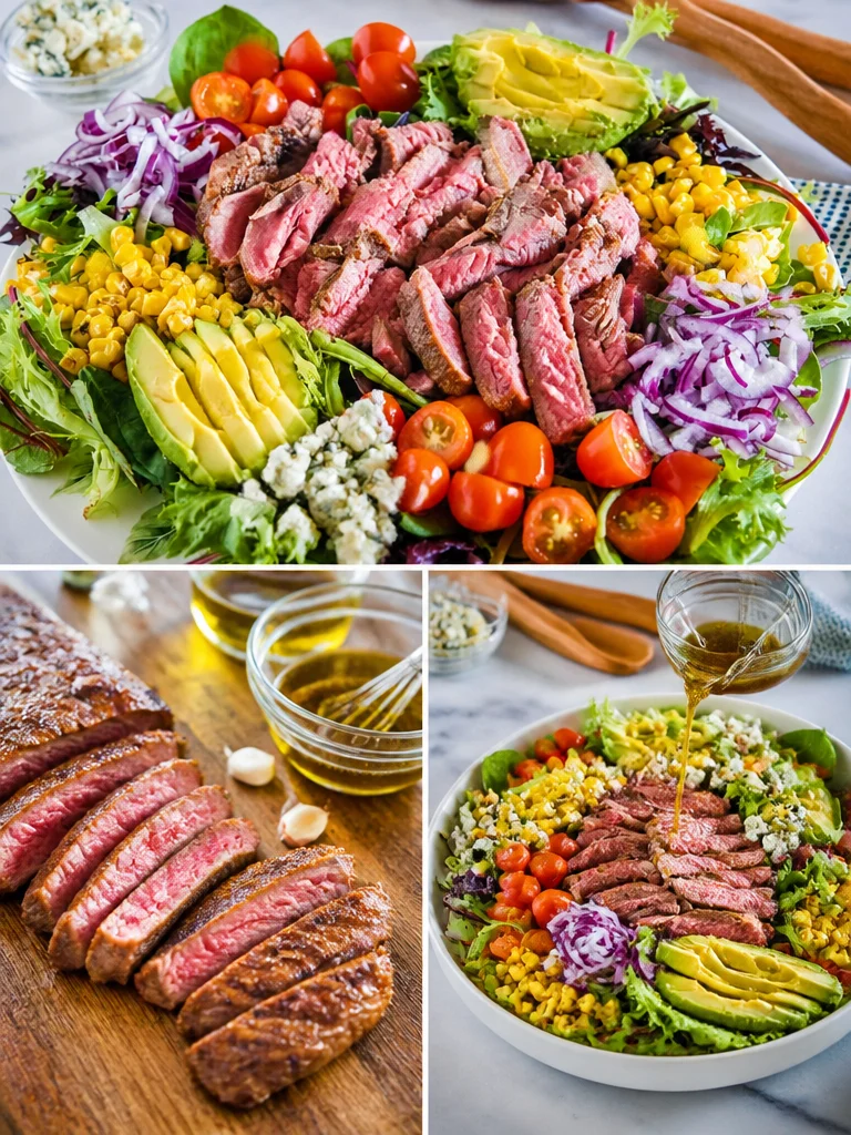 Delicious steak salad with fresh greens and grilled steak slices
