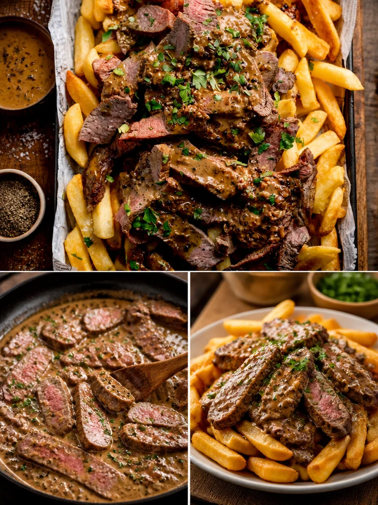 Steaky Chips served with peppercorn sauce on a plate