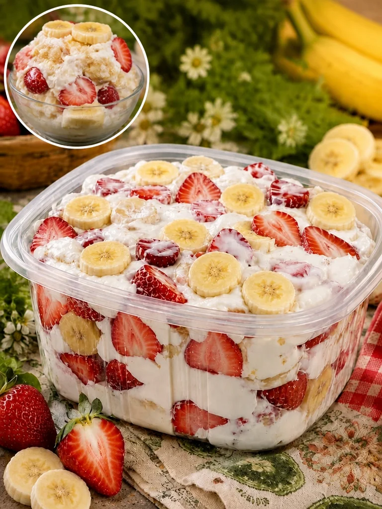 STRAWBERRY BANANA CHEESECAKE SALAD....so creamy, sweet, and loaded with fresh fruit... it never lasts long 🍓🍌 This combo just hits different😍👇 Strawberry banana cheesecake salad topped with fresh strawberries and bananas
