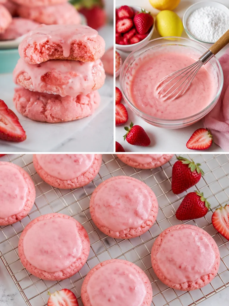 Strawberry Cake Mix Cookies with Strawberry Lemon Glaze Strawberry cookies with strawberry lemon glaze on a white plate