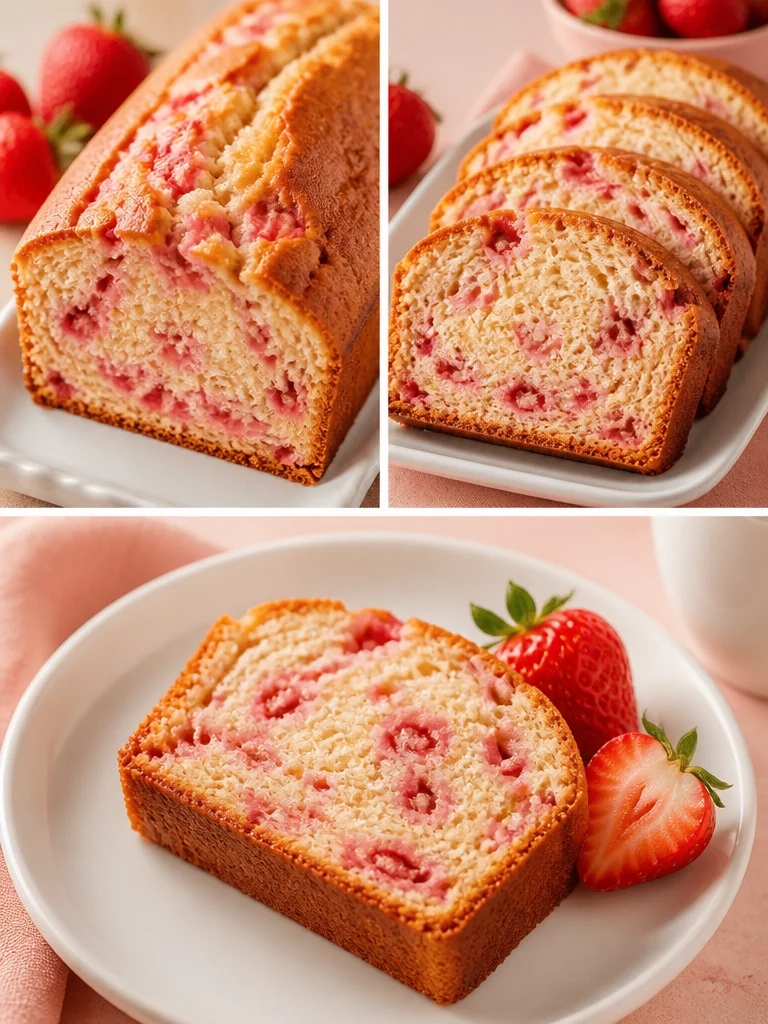 Slice of moist Strawberry Cream Cheese Pound Cake with fresh strawberries